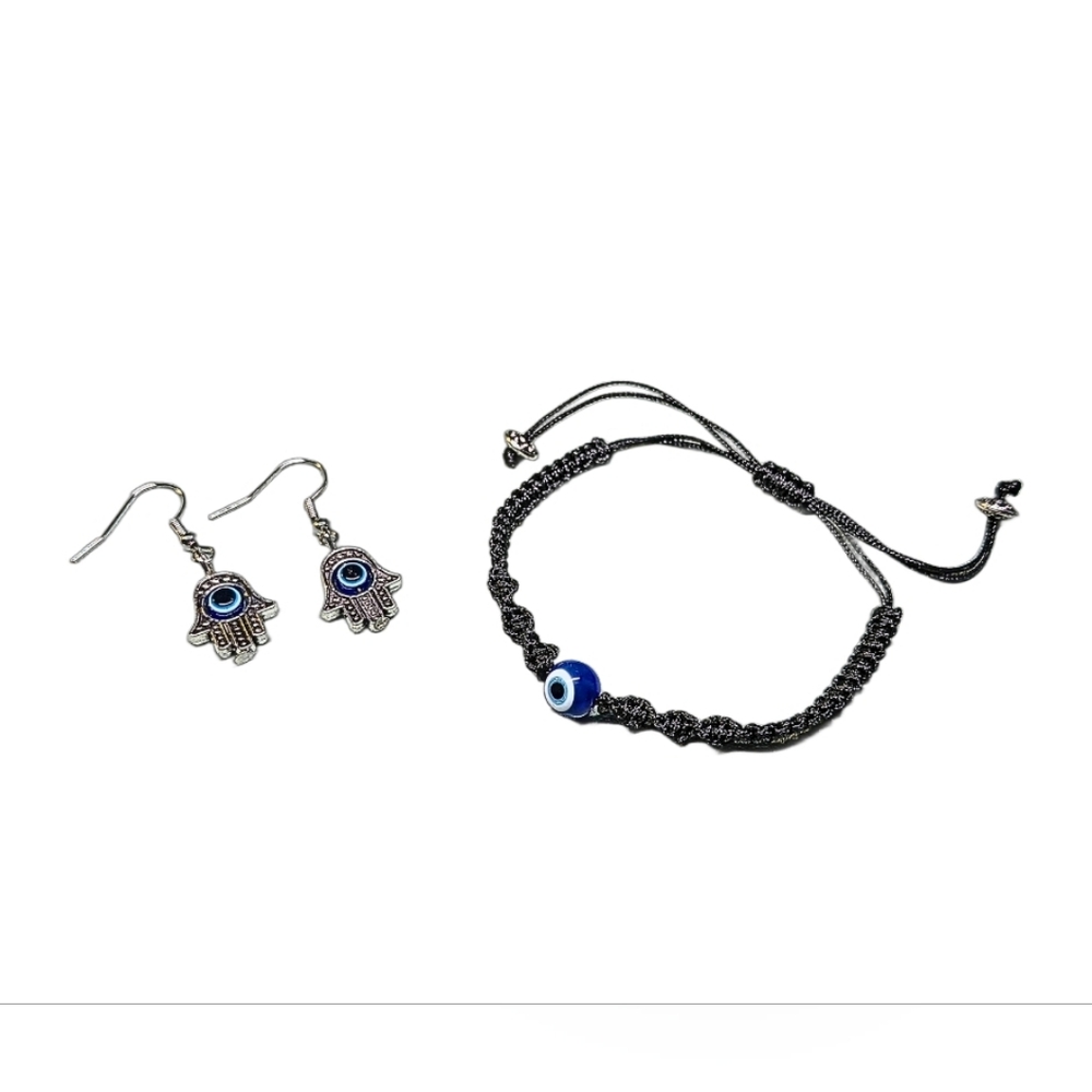 Silver and Blue Evil Eye Bracelet and Earrings Set